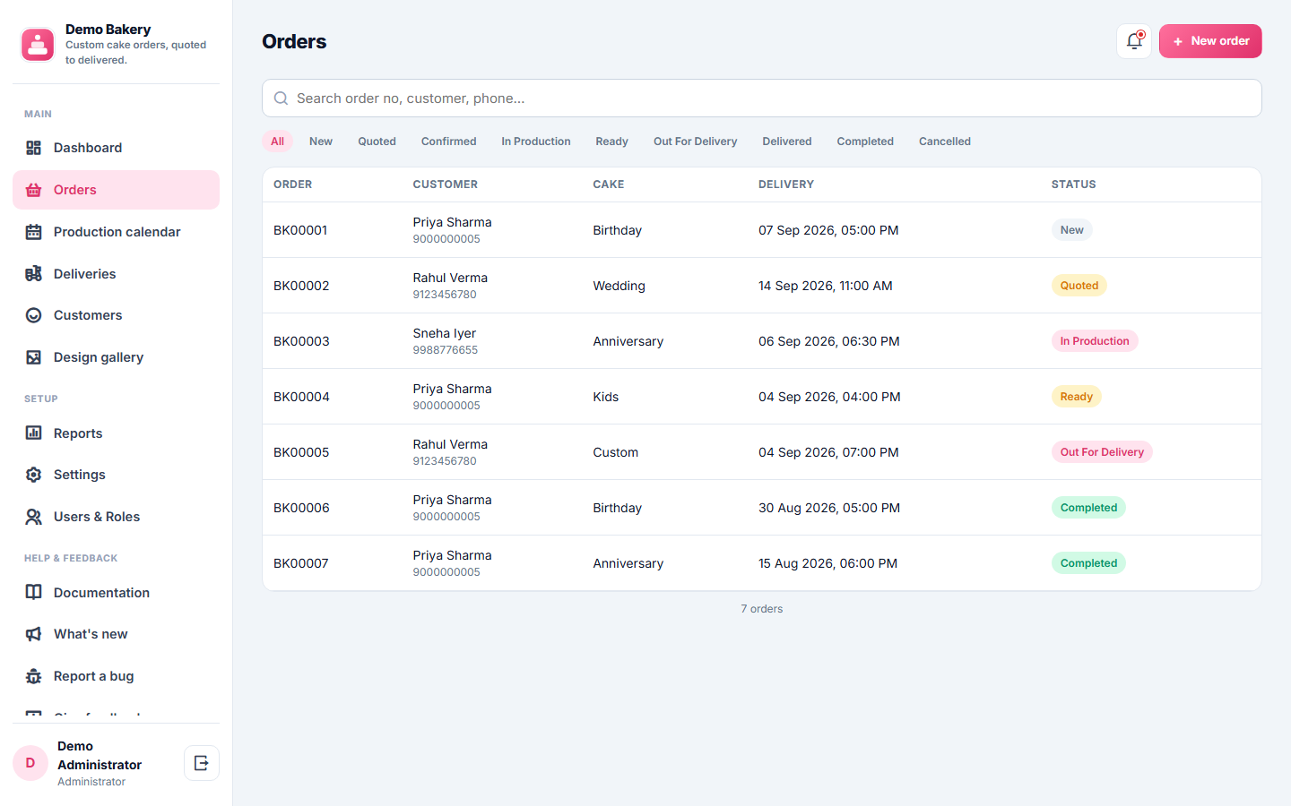 Bakery and Custom Cake Order Management Software screenshot
