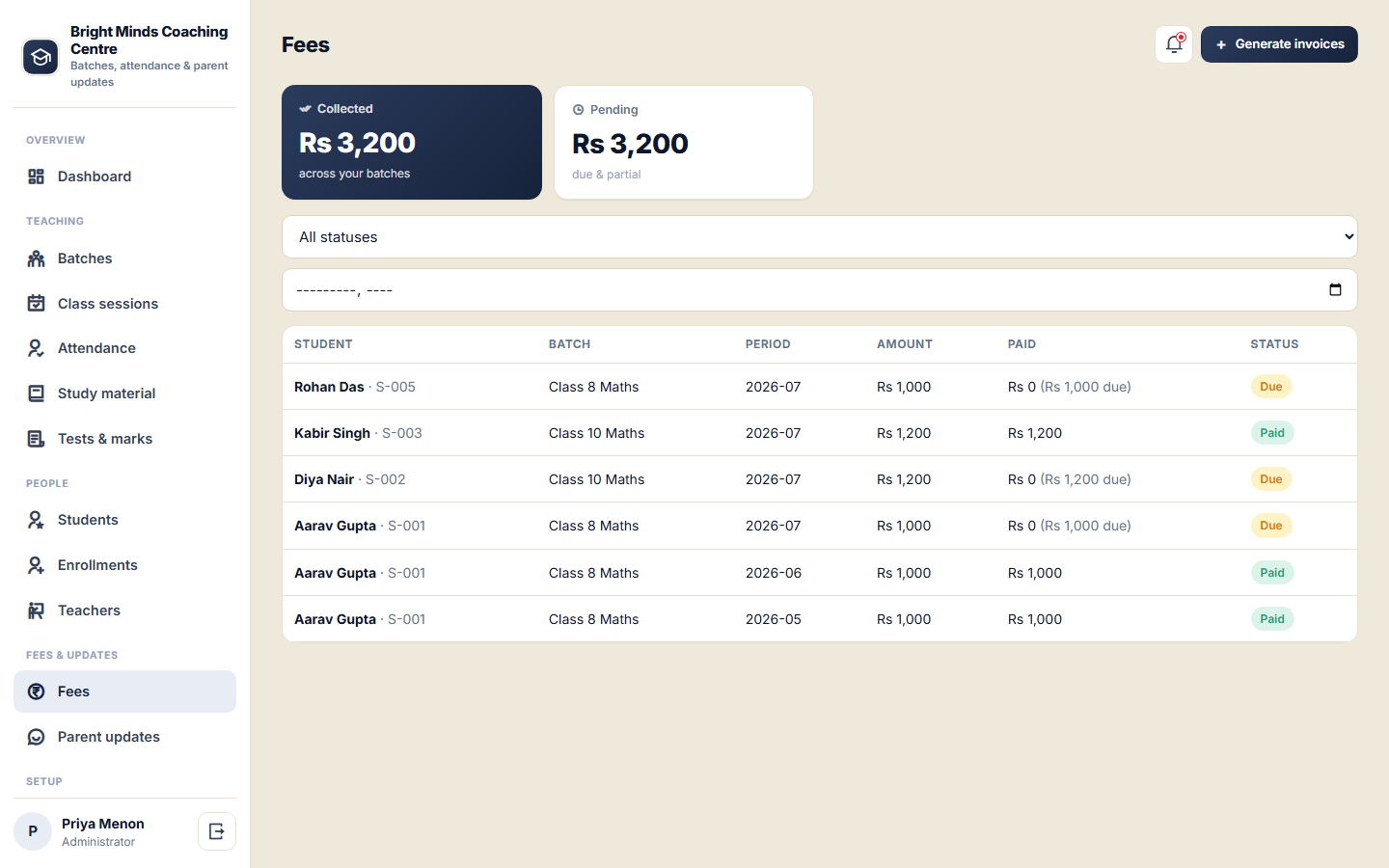 Coaching and Tuition Centre Management Software screenshot