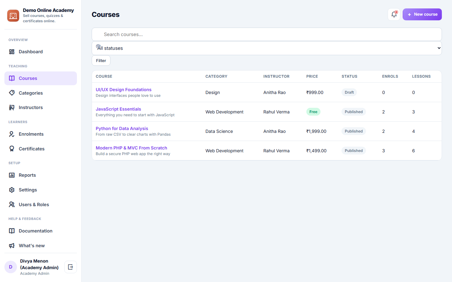 Course-selling LMS screenshot