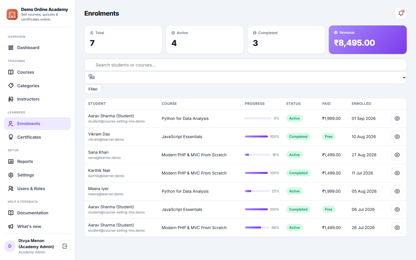 Course-selling LMS screenshot
