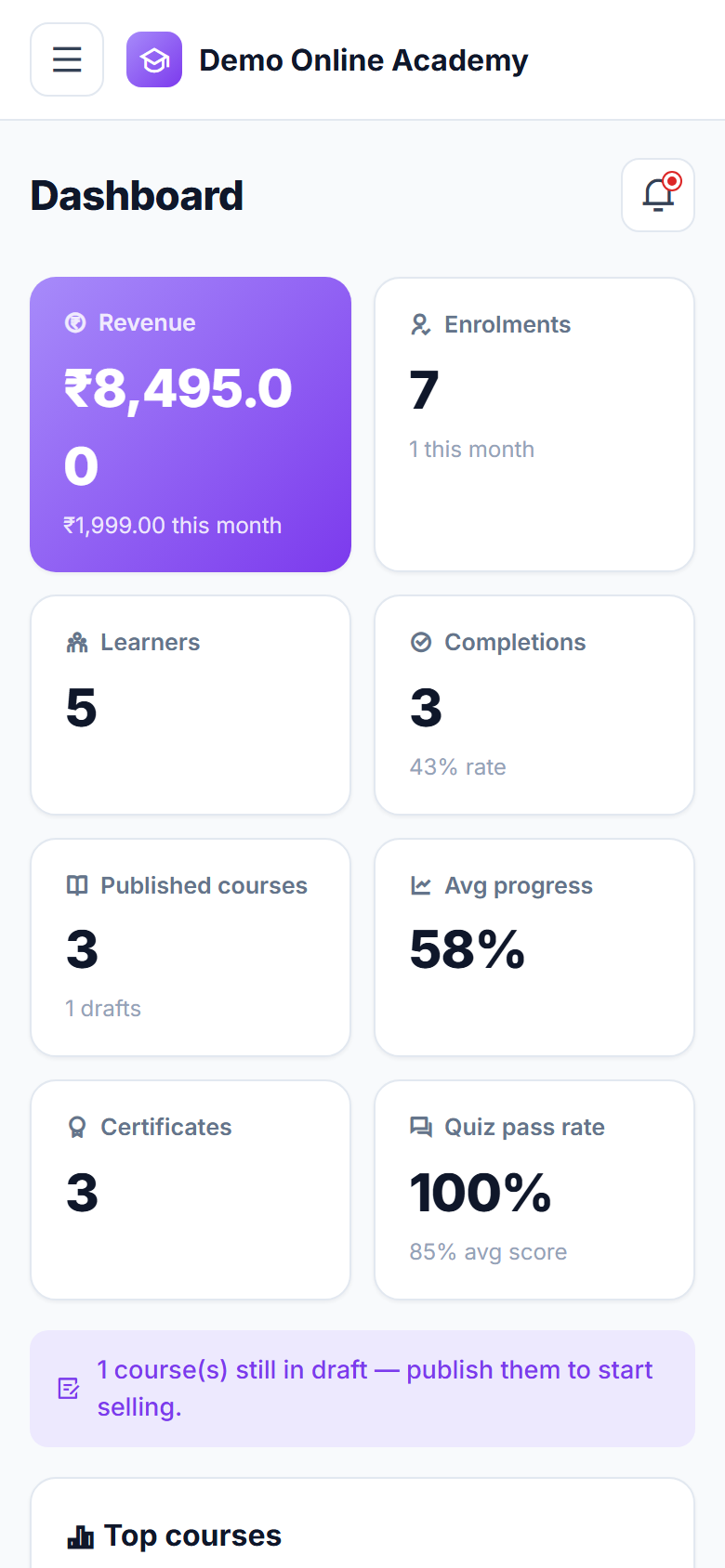 Course-selling LMS screenshot