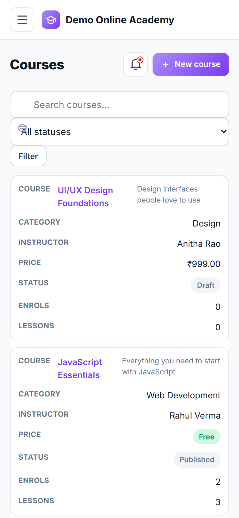 Course-selling LMS screenshot