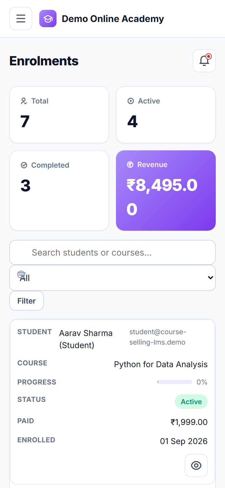 Course-selling LMS screenshot
