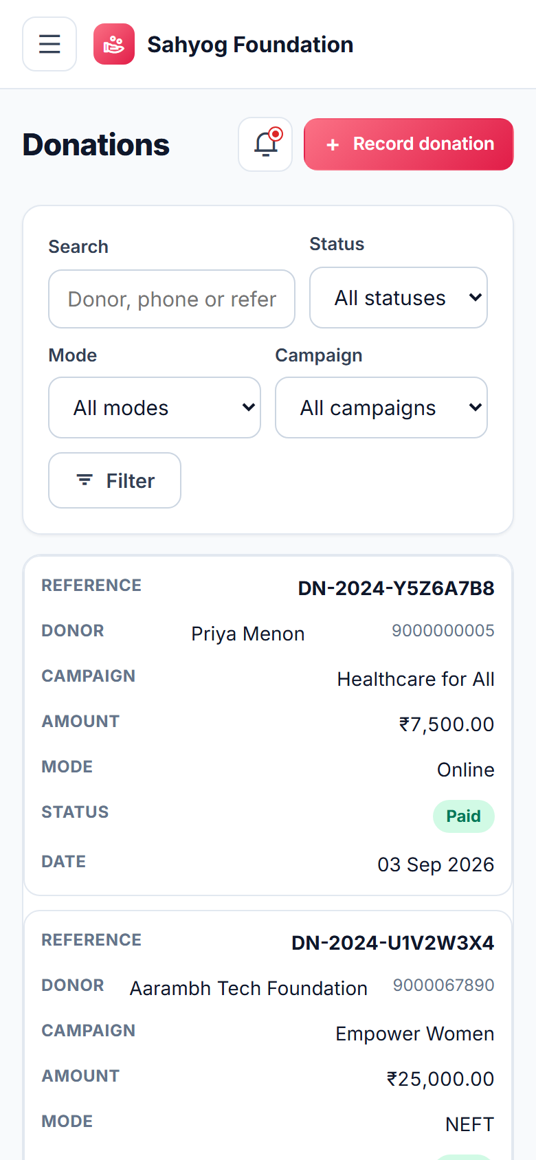 NGO Donor & Fund Management screenshot