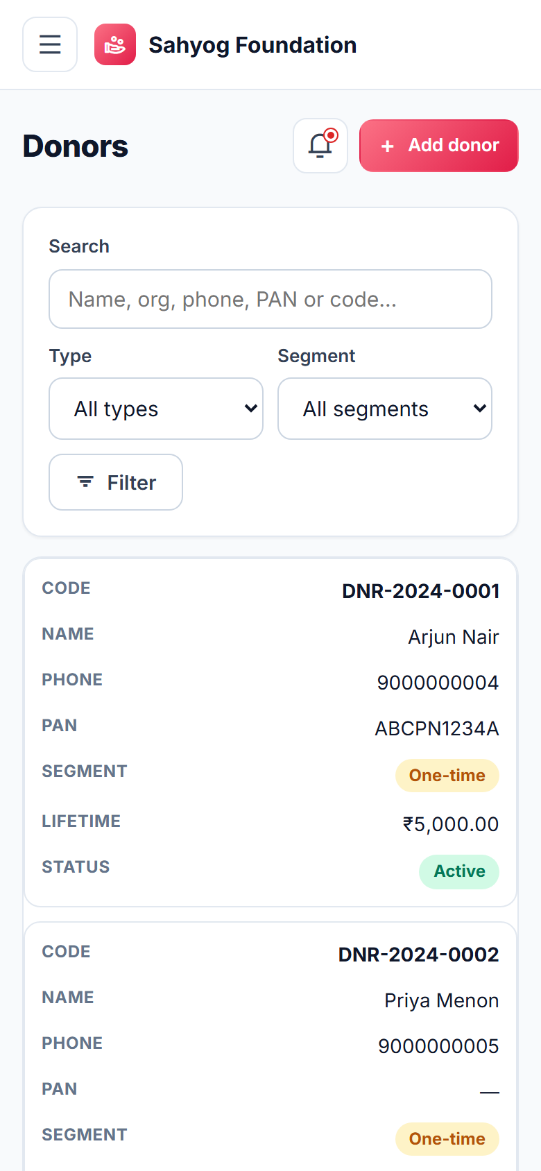 NGO Donor & Fund Management screenshot