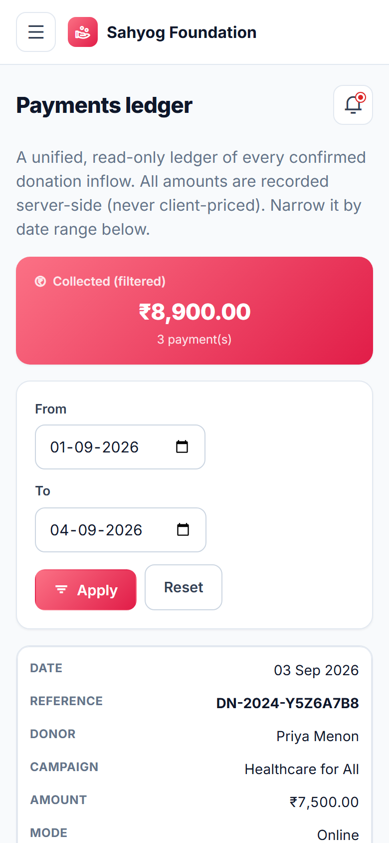 NGO Donor & Fund Management screenshot